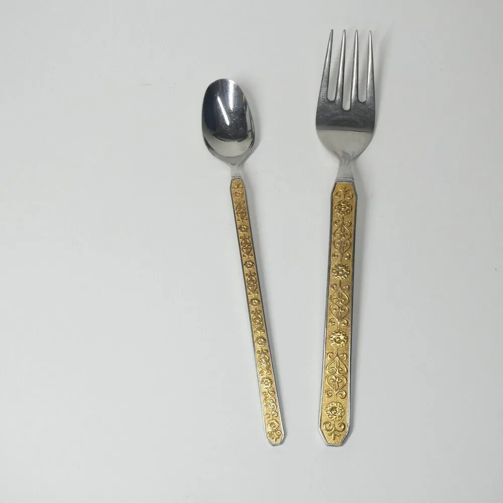 Noritake Esperanza Meat Fork & Iced Tea Spoon Stainless Gold Vintage MCM Japan